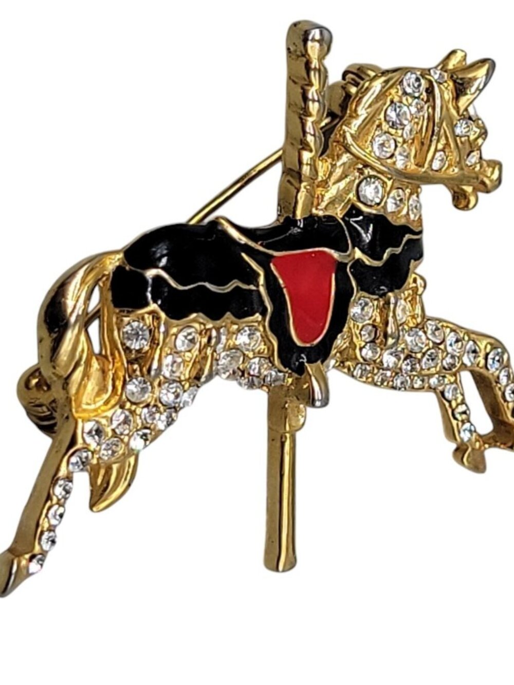 Carousel Horse Brooch Gold Plated Rhinestone Black Red Enamel Saddle Vintage - Picture 5 of 6